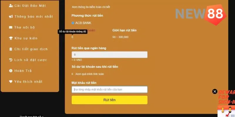 Điền thông tin vào các ô theo yêu cầu để rút tiền New88